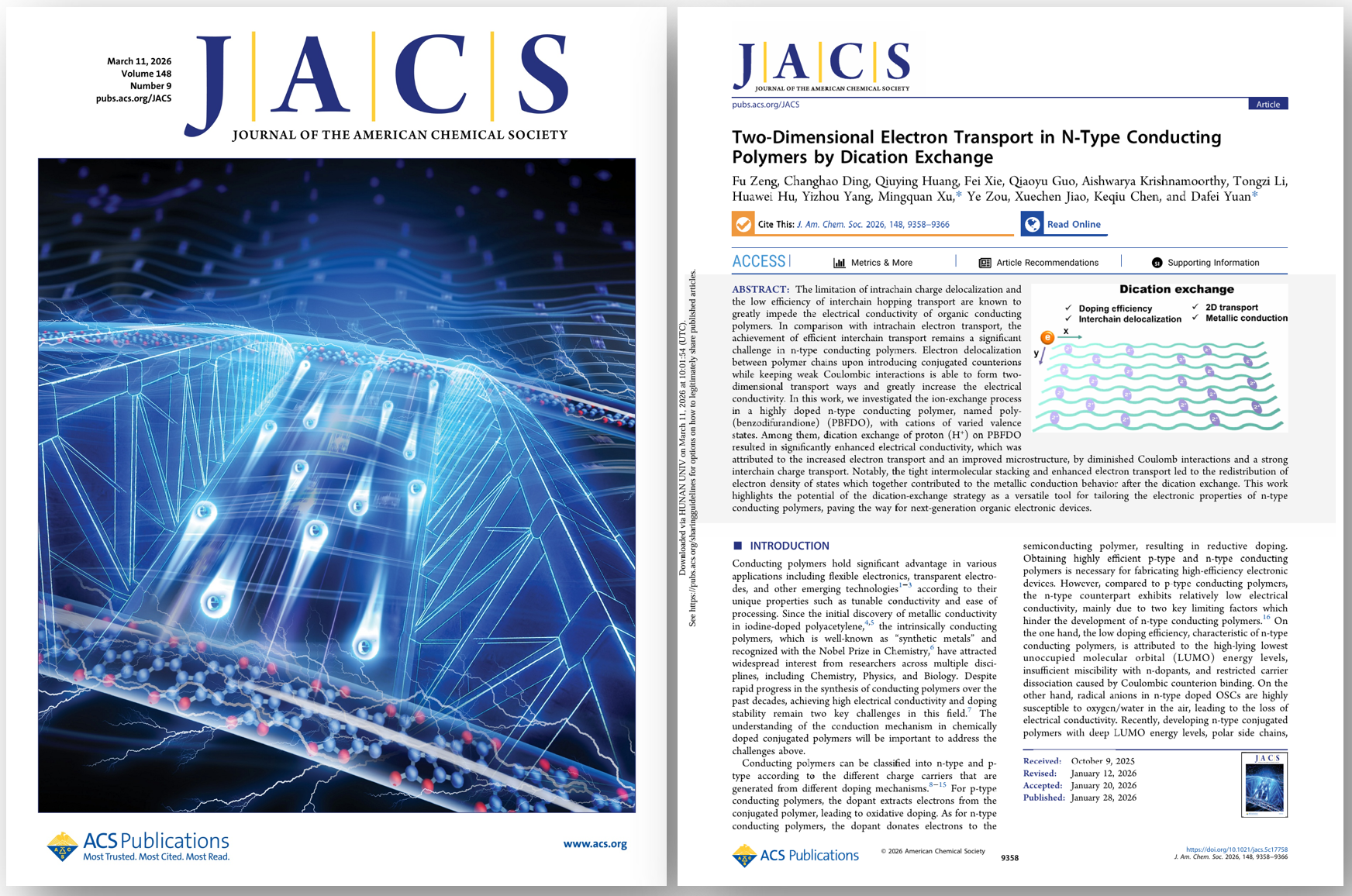 湖南大学材料院团队在导电聚合物领域研究成果被选为《JACS》封面文章