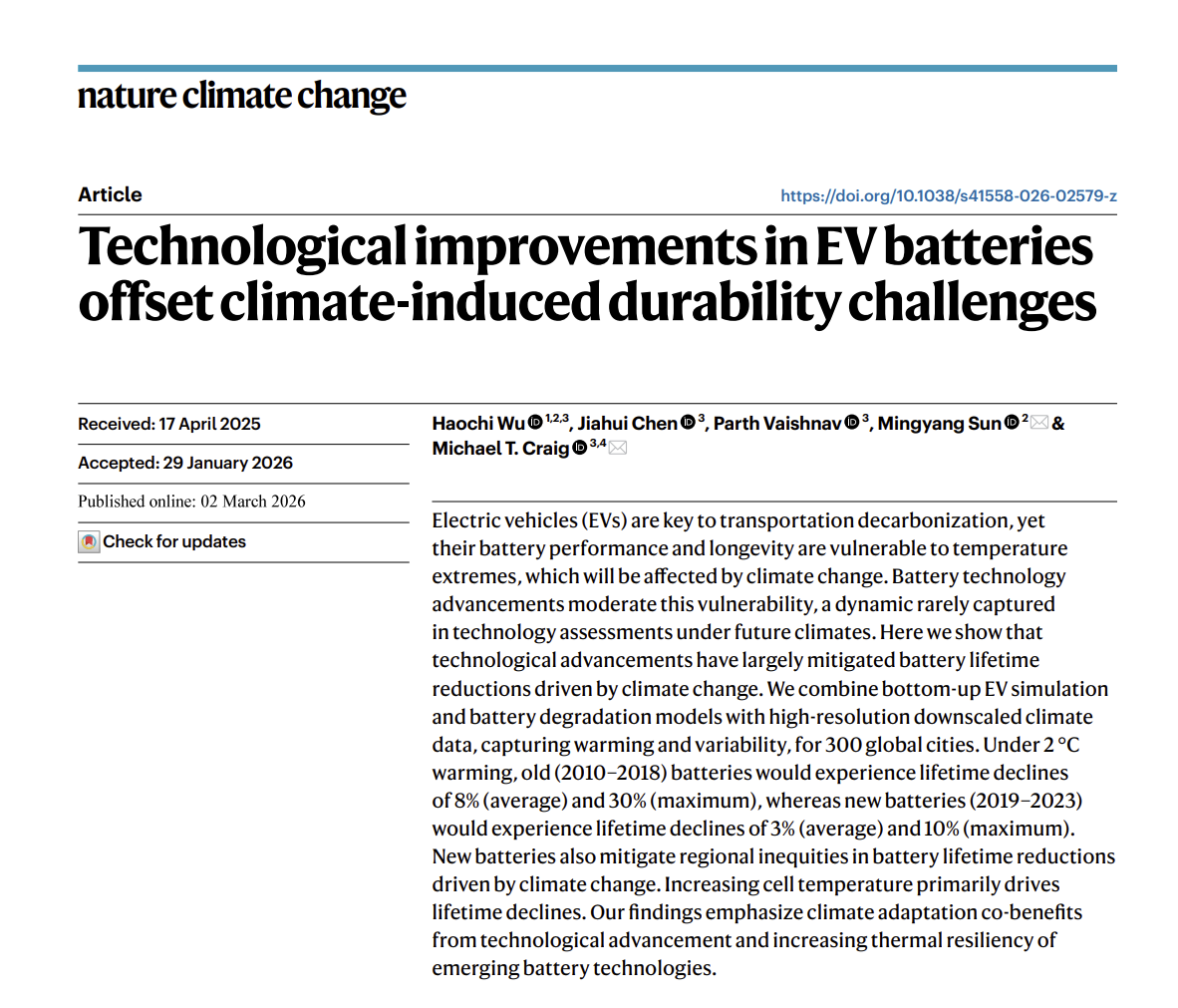 北京大学先进制造与机器人学院孙铭阳课题组揭示新型电池技术可化解全球变暖带来的电动汽车寿命危机