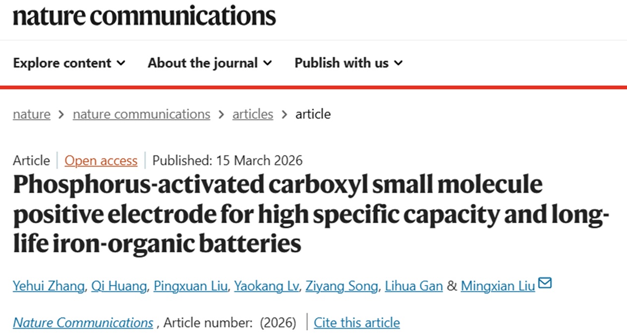 化学科学与工程学院刘明贤团队提出磷激活羧基小分子策略设计高性能铁离子电池，成果发表于《自然·通讯》