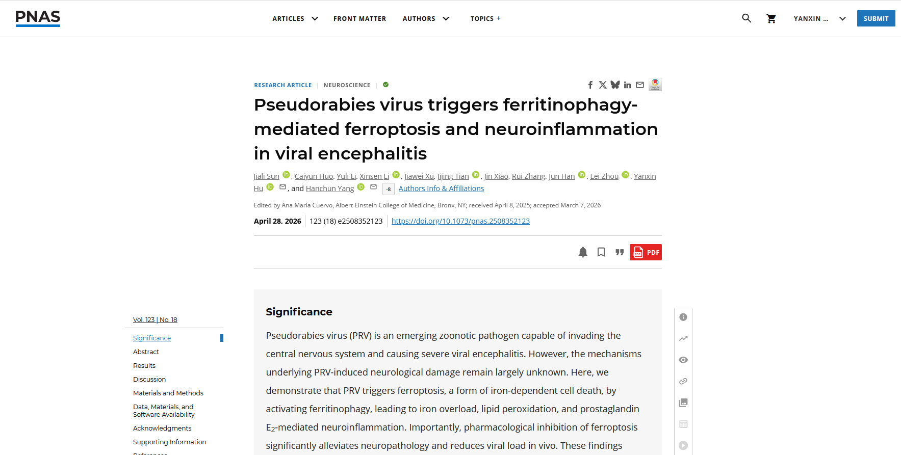 中国农业大学｜动物医学院杨汉春团队揭示伪狂犬病病毒致脑损伤新机制