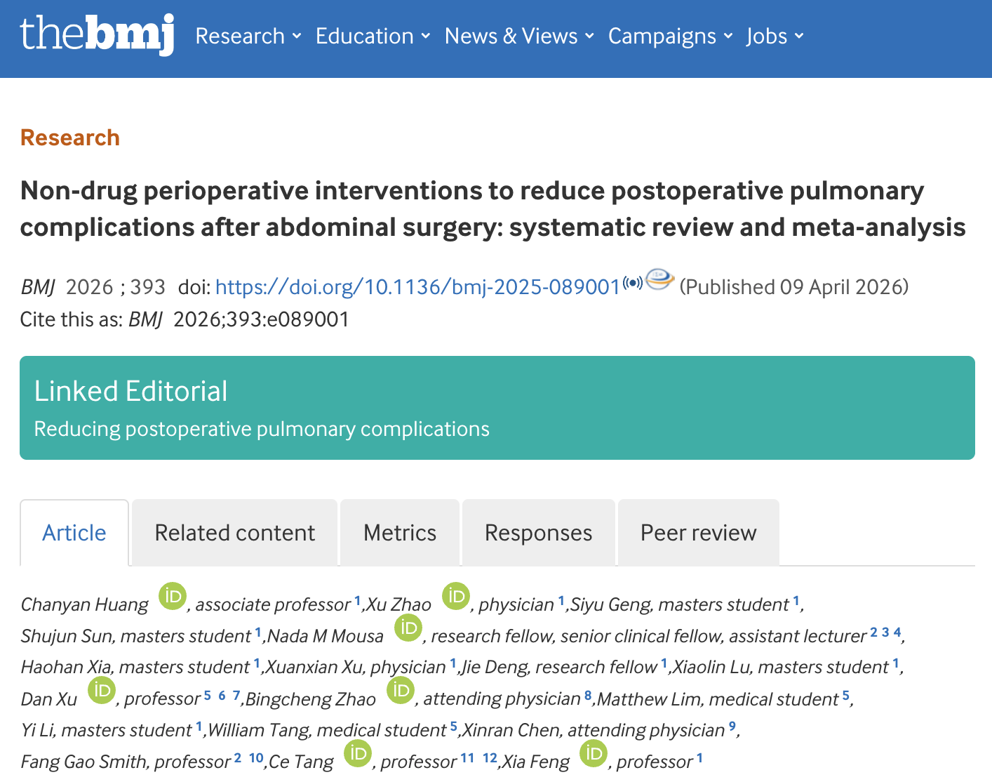 中山大学中山大学冯霞、唐策团队揭示腹部手术后肺部并发症预防核心策略