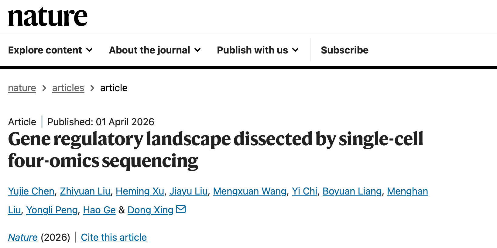 北京大学生物医学前沿创新中心邢栋课题组开发单细胞四组学测序技术解析三维表观遗传调控编码