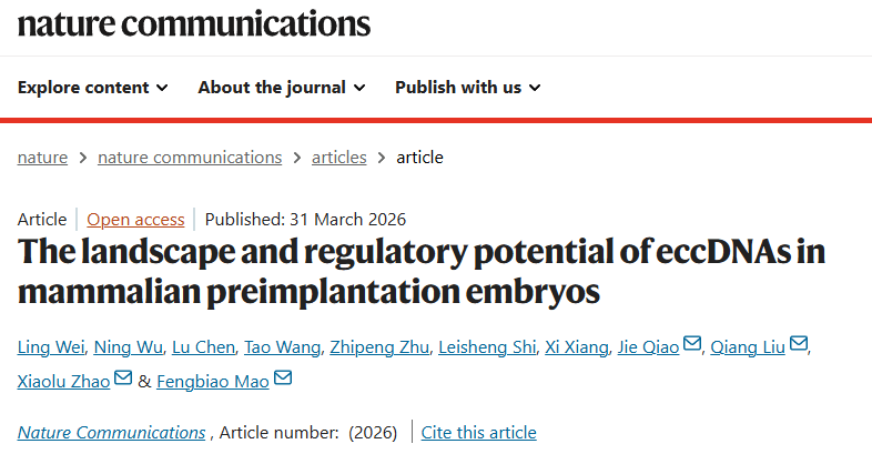 北京大学北京大学第三医院毛凤彪/乔杰团队及合作者揭示哺乳动物早期胚胎中eccDNA动态图谱与调控潜能