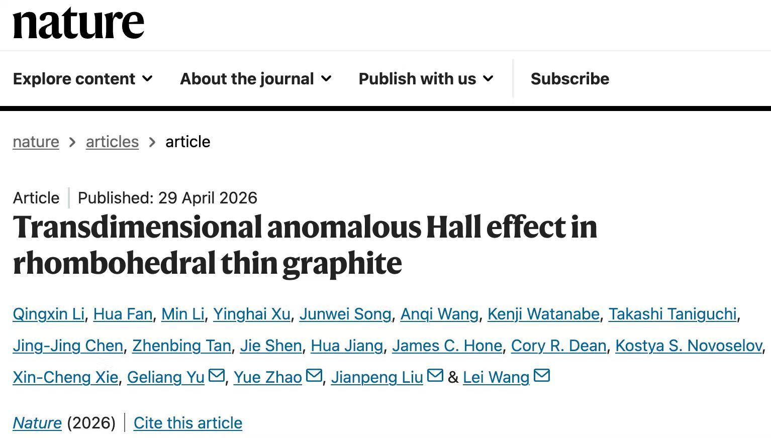 南京大学Nature发文：南京大学王雷、于葛亮团队发现“穿越纬度”的新量子物态——变维反常霍尔态