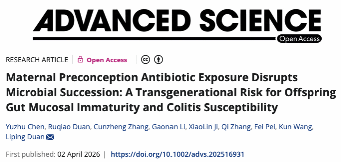 北京大学北京大学第三医院消化科段丽萍教授团队揭示孕前期抗生素暴露影响子代肠道健康