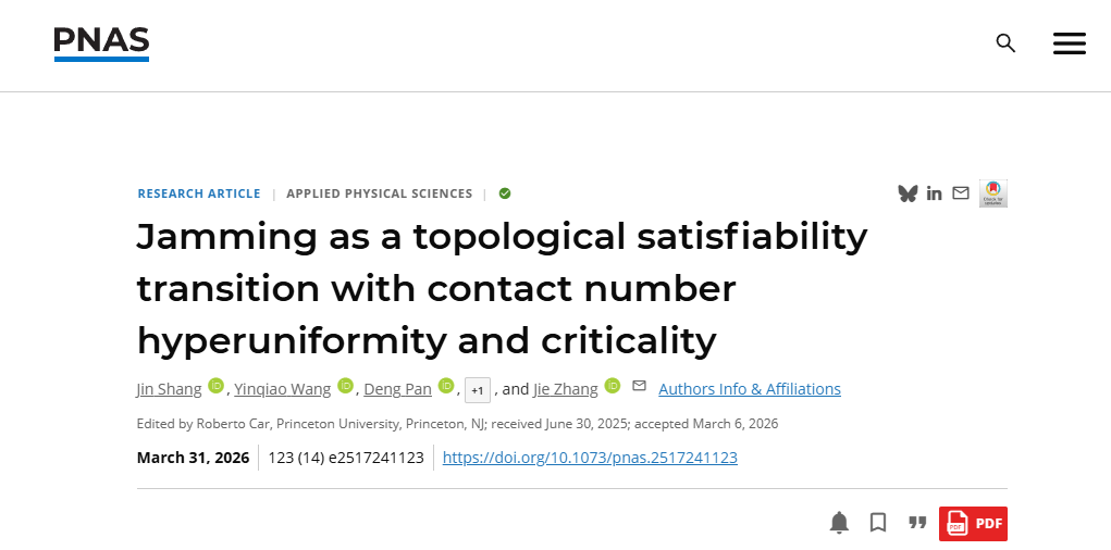 上海交大自然科学研究院张洁课题组与中科院理论物理所金瑜亮课题组合作在PNAS发表关于阻塞相变中超均匀性与临界性起源的研究成果