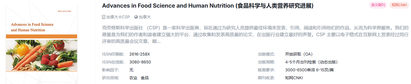 农学，食品学均可投，知网稳定检索的国际期刊