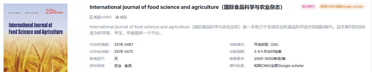 农学，食品学均可投，知网稳定检索的国际期刊