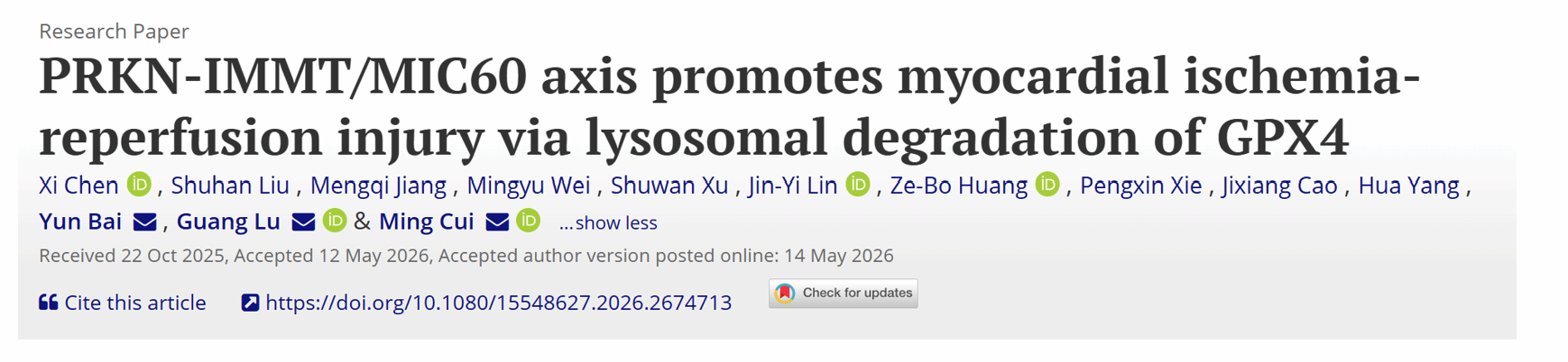 北京大学北京大学第三医院崔鸣教授团队与合作团队揭示心肌缺血再灌注损伤新机制