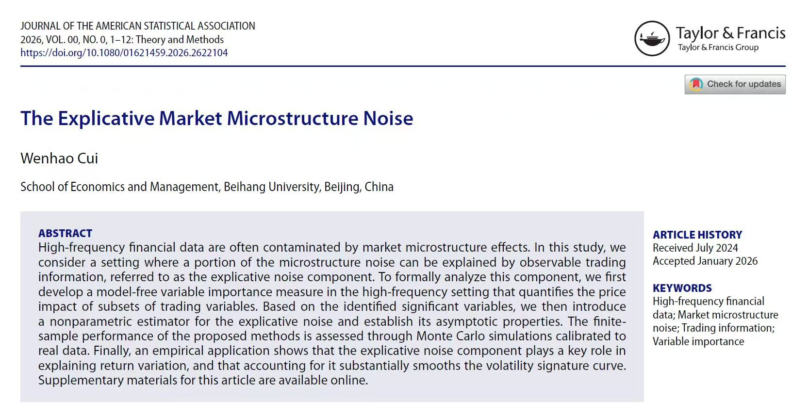 北京航空航天大学经管学院崔文昊副教授在《Journal of the American Statistical Association》发表最新研究成果