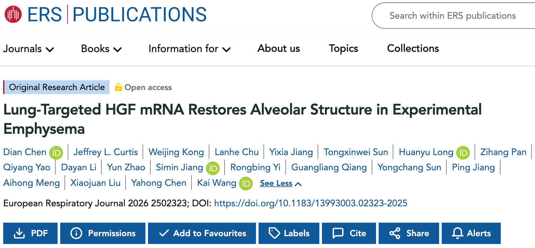 北京大学北京大学第三医院陈亚红团队揭示HGF mRNA促进肺气肿修复新策略