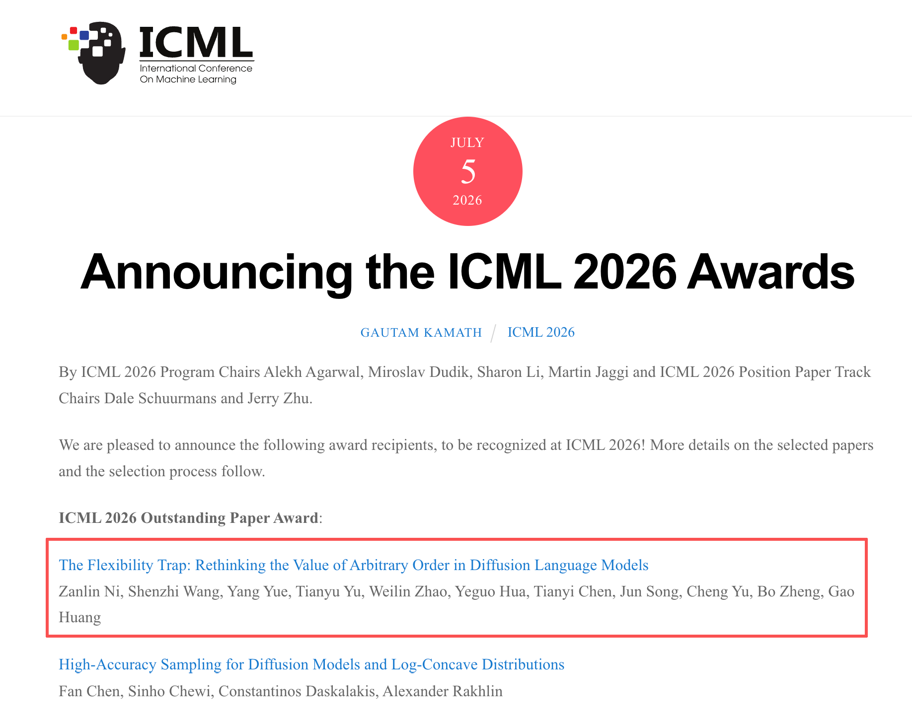 清华大学自动化系黄高团队获国际机器学习会议(ICML)2026杰出论文奖