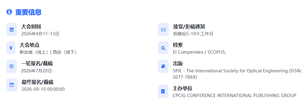 [SPIE] 2026年通信工程、信息与数字技术国际会议
