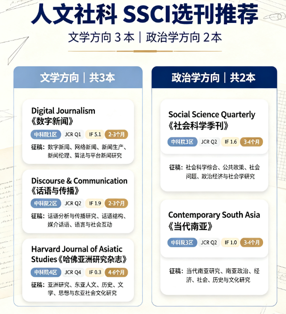 人文社科SSCI选刊文学&政治学 5 本友好期刊